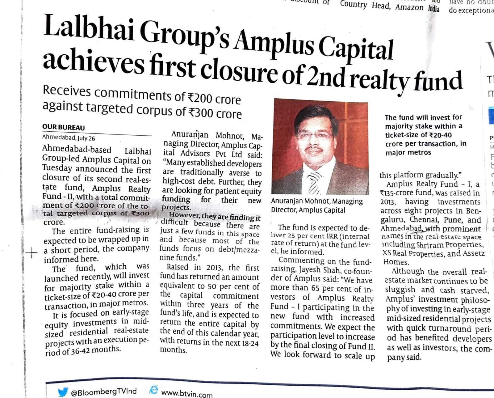 Lalbhai Group's Amplus Capital achieves first closure of 2nd realty fund